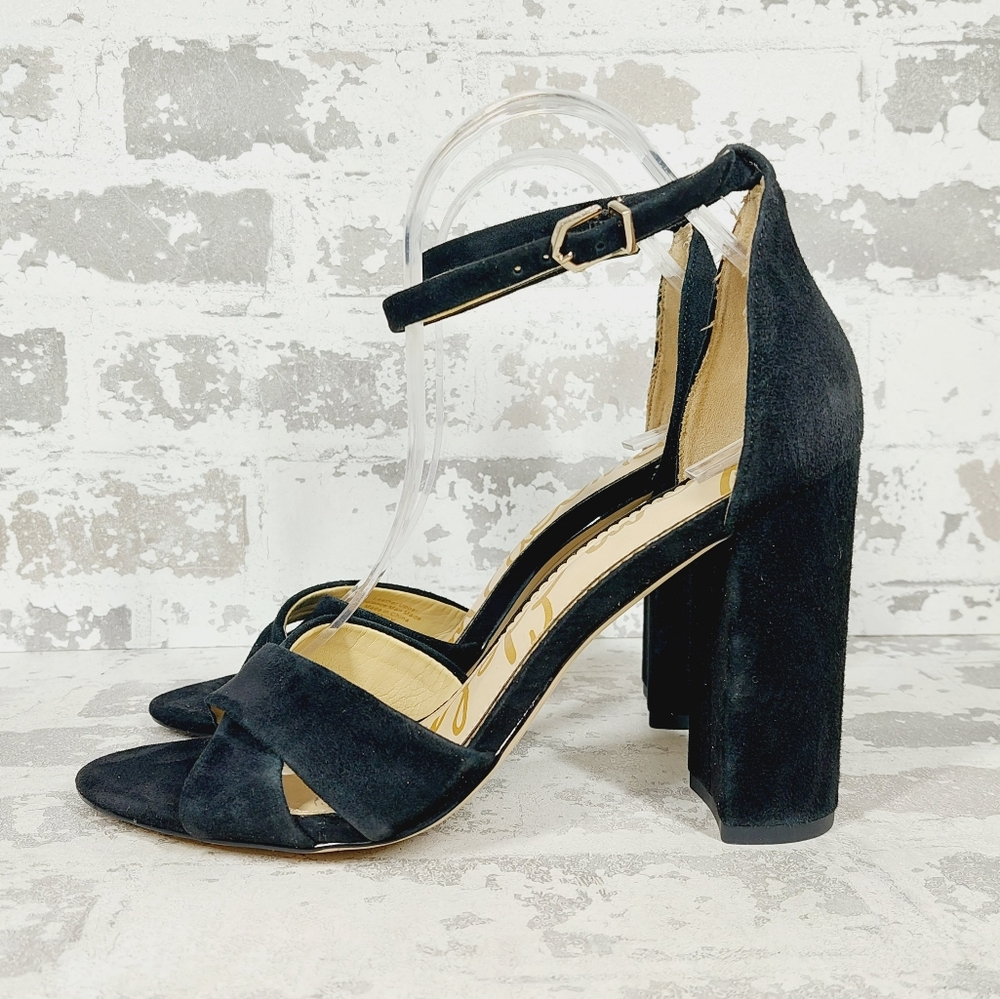 NEW Sam Edelman Yancy Black Suede Open Toe Ankle Strap Heels W195